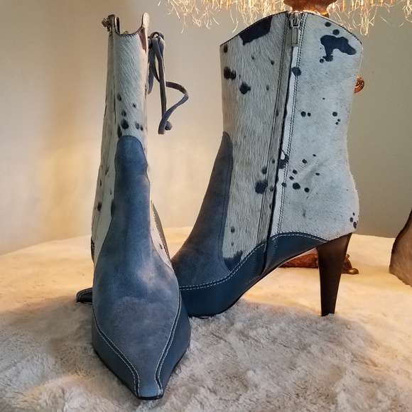 Vis a Vie Shoes - Blue Leather, Suede and Calf High Heel Boot